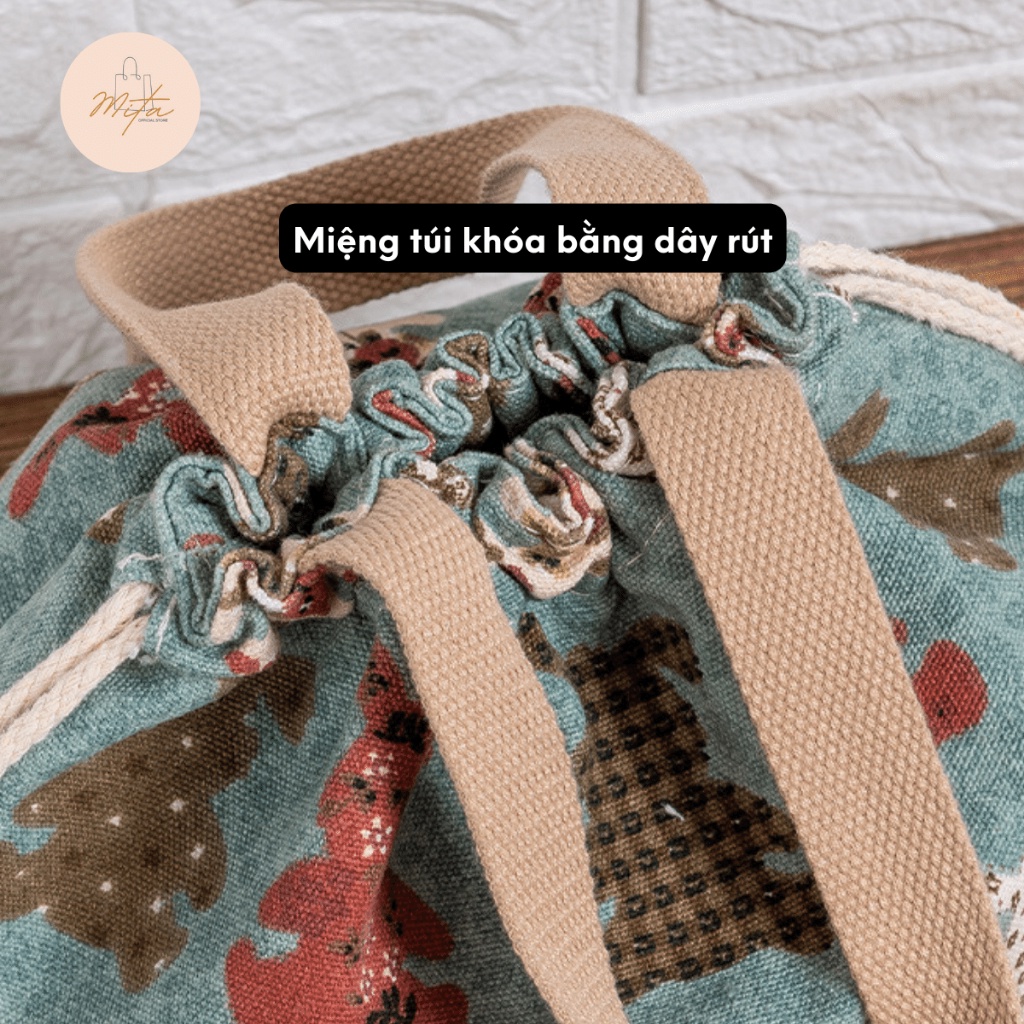 Túi đựng vải canvas cao cấp cho hộp cơm trưa văn phòng LocknLock dây rút dễ thương phong cách Nhật Bản HPCV07 - HAPOS Thỏ Xanh/ Hồng