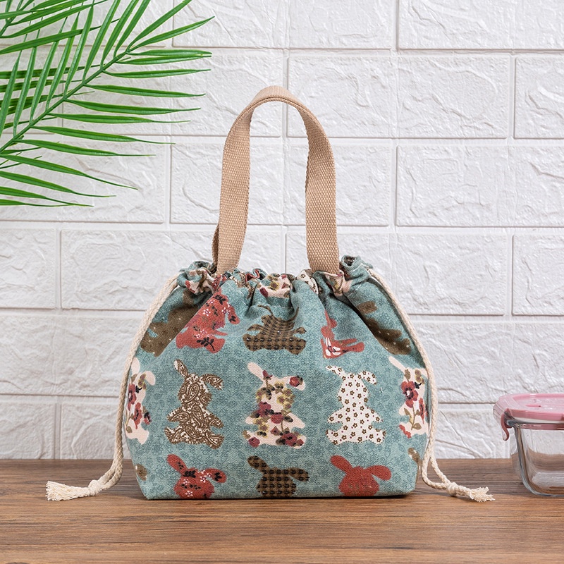 Túi đựng vải canvas cao cấp cho hộp cơm trưa văn phòng LocknLock dây rút dễ thương phong cách Nhật Bản HPCV07 - HAPOS Thỏ Xanh/ Hồng