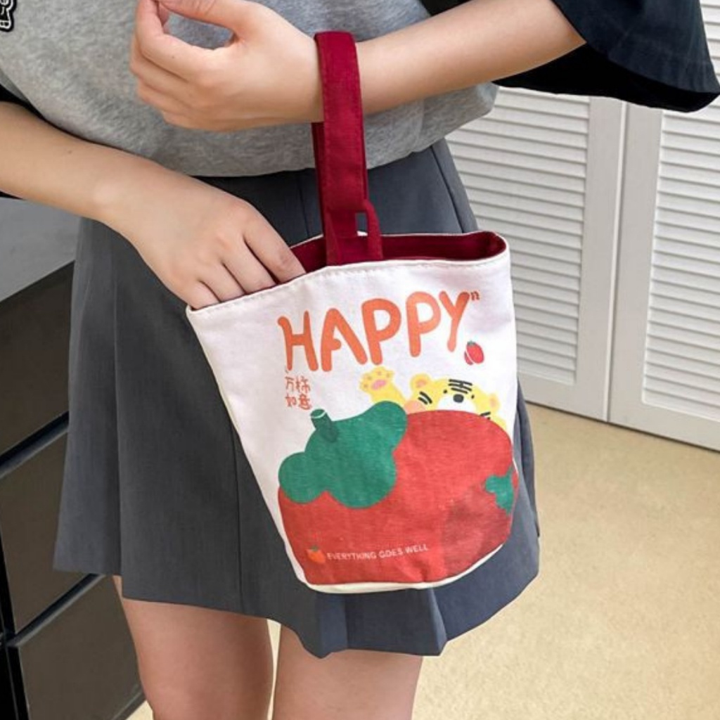 Túi vải canvas phong cách tranh sơn dầu nghệ thuật đựng bình giữ nhiệt LocknLock, hộp cơm văn phòng HPCV10 - HAPOS Mèo / Thỏ Cute