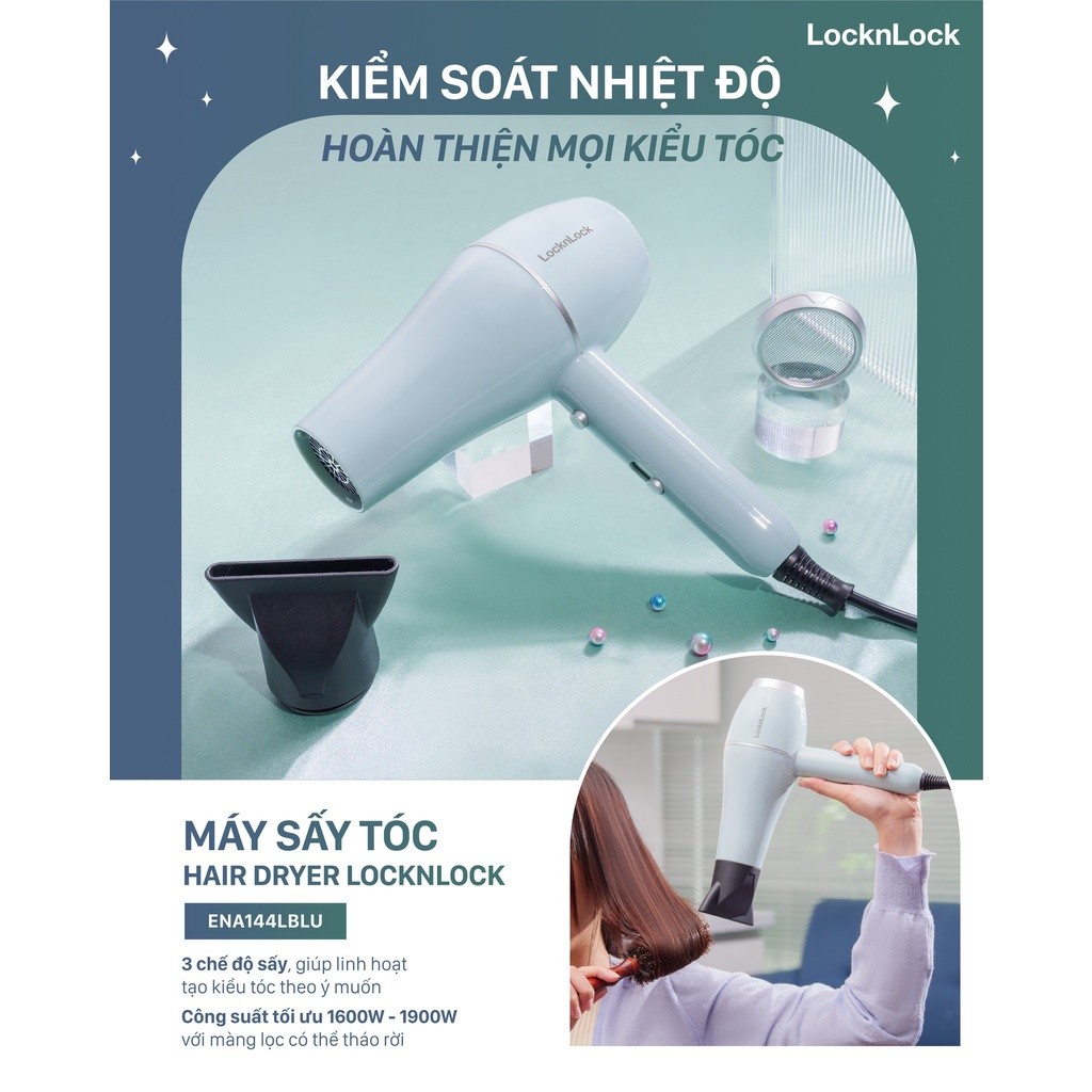 OFF - Máy sấy tóc Hair dryer 220-240V,  1600-1900W- Màu băng xanh Chính hãng LocknLock ENA144LBLU - HAPOS OFFICIAL ENA144LBLU