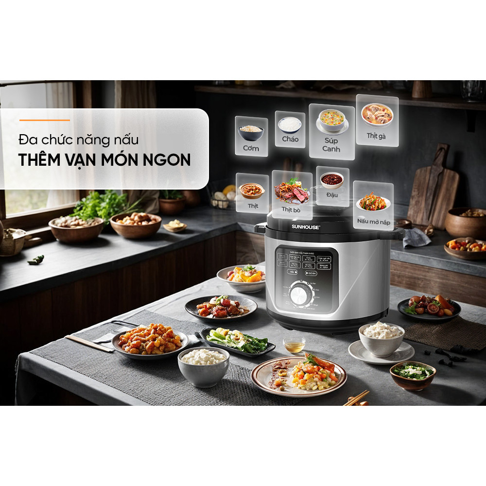 Nồi áp suất điện đa năng 5L Sunhouse SHD1551 900W, 5 cấp độ chống bỏng, Lòng nồi 5 lớp phủ chống dính PTFE - HAPOS HOF