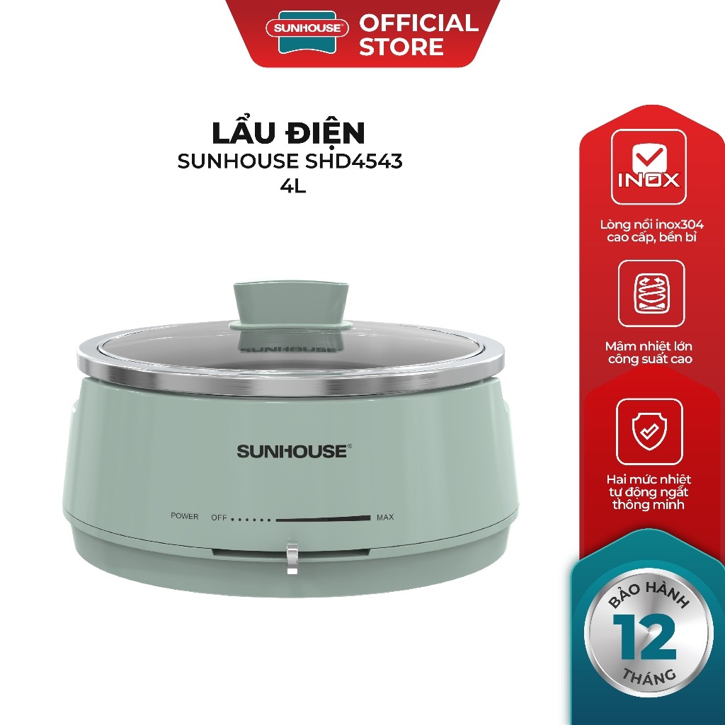 Nồi lẩu điện 4L Sunhouse SHD4543 - 1300W, 2 mức nhiệt - Inox 304 cao cấp - Tự ngắt khi quá tải - HAPOS HOF