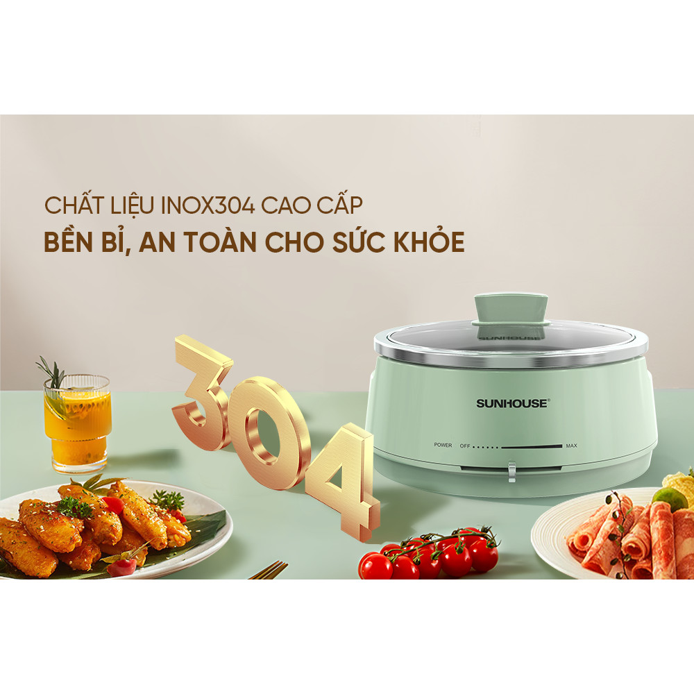 Nồi lẩu điện 4L Sunhouse SHD4543 - 1300W, 2 mức nhiệt - Inox 304 cao cấp - Tự ngắt khi quá tải - HAPOS HOF