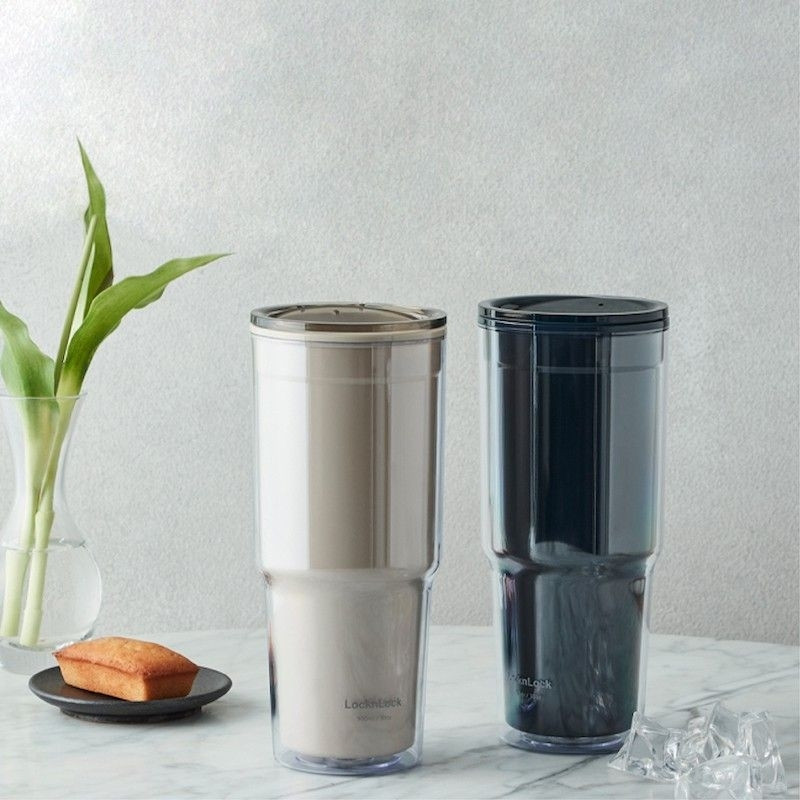Ly nhựa 2 Lớp LocknLock 900ml to, Cốc nhựa có nắp Double Wall Cold Cup, Chính Hãng HAP502 - HAPOS LOF Navy - HAP502NVY
