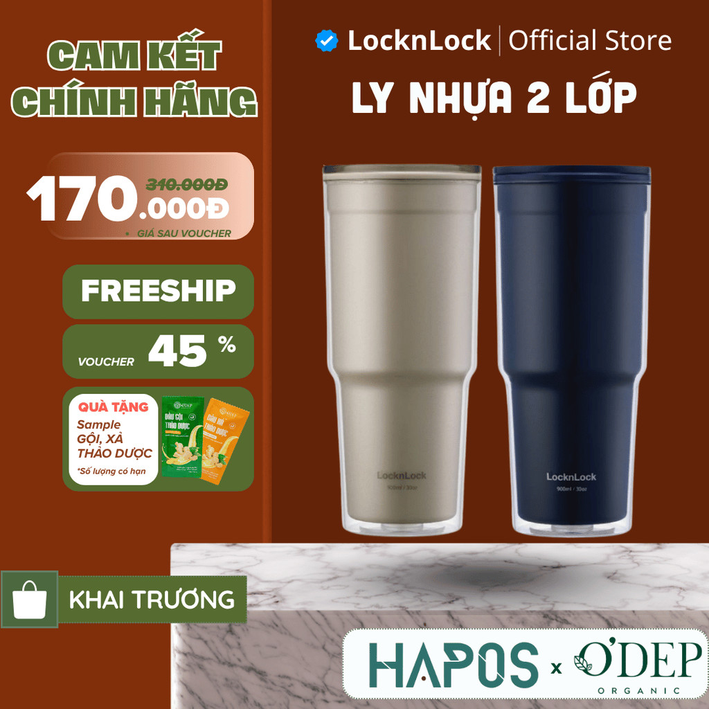 Ly nhựa 2 Lớp LocknLock 900ml to, Cốc nhựa có nắp Double Wall Cold Cup, Chính Hãng HAP502 - HAPOS LOF Navy - HAP502NVY