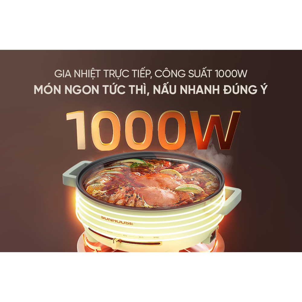 Nồi lẩu điện đa năng 4L Sunhouse SHD4540 có xửng hấp - Gia nhiệt trực tiếp - Chống dính PTFE - HAPOS HEL SHD4540