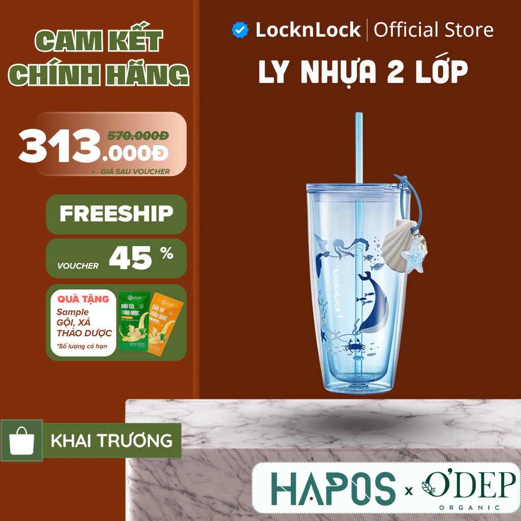 Ly nhựa 2 lớp 750ml LocknLock Ocean Double Wall HAP534BLU, Kèm phụ kiện, Chính hãng - HAPOS LOF Xanh HAP534BLU