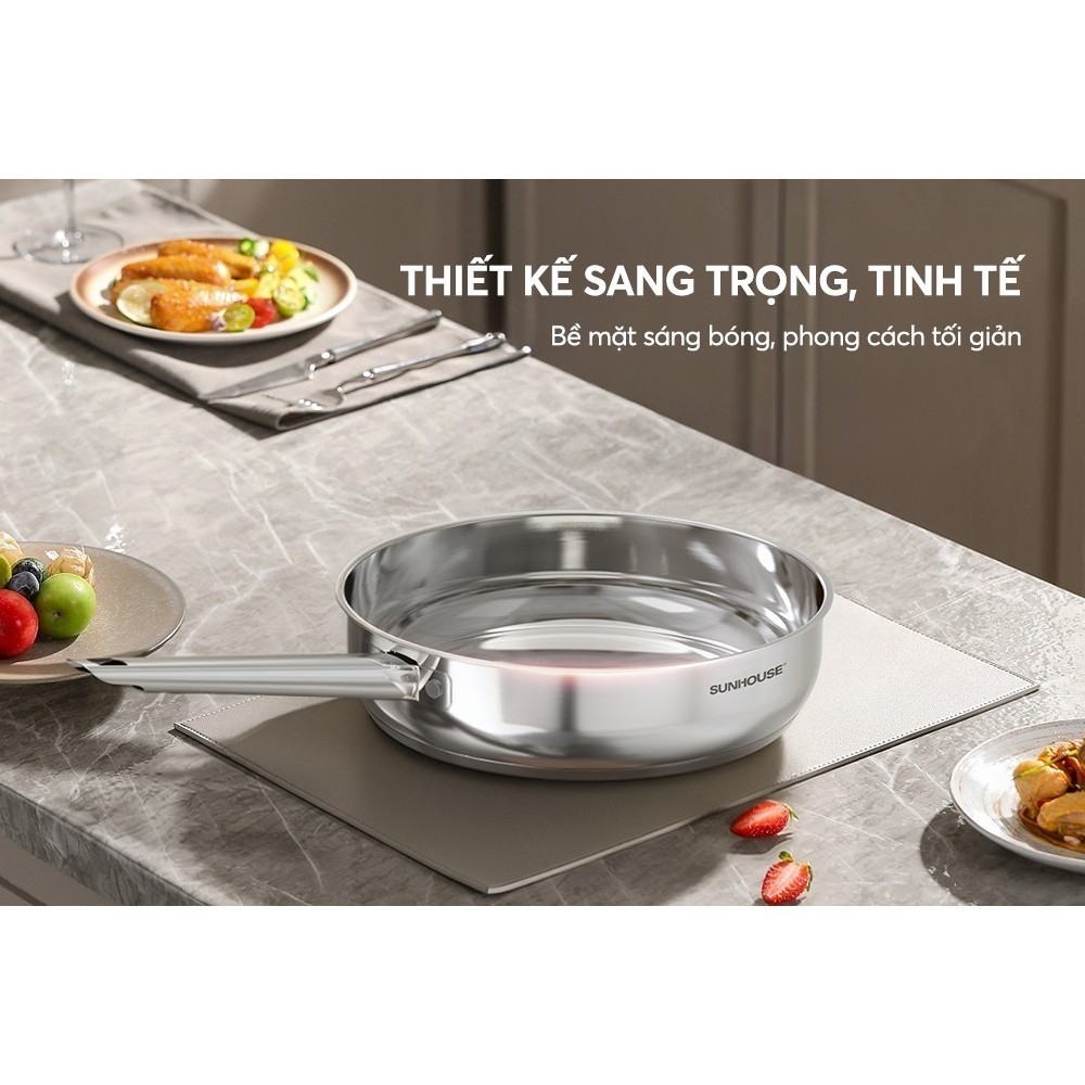 Chảo Inox đa lớp liền khối Sunhouse 16cm - 28cm đáy từ dùng mọi loại bếp Healthy IN16M9 - IN28M9 - HAPOS HOF