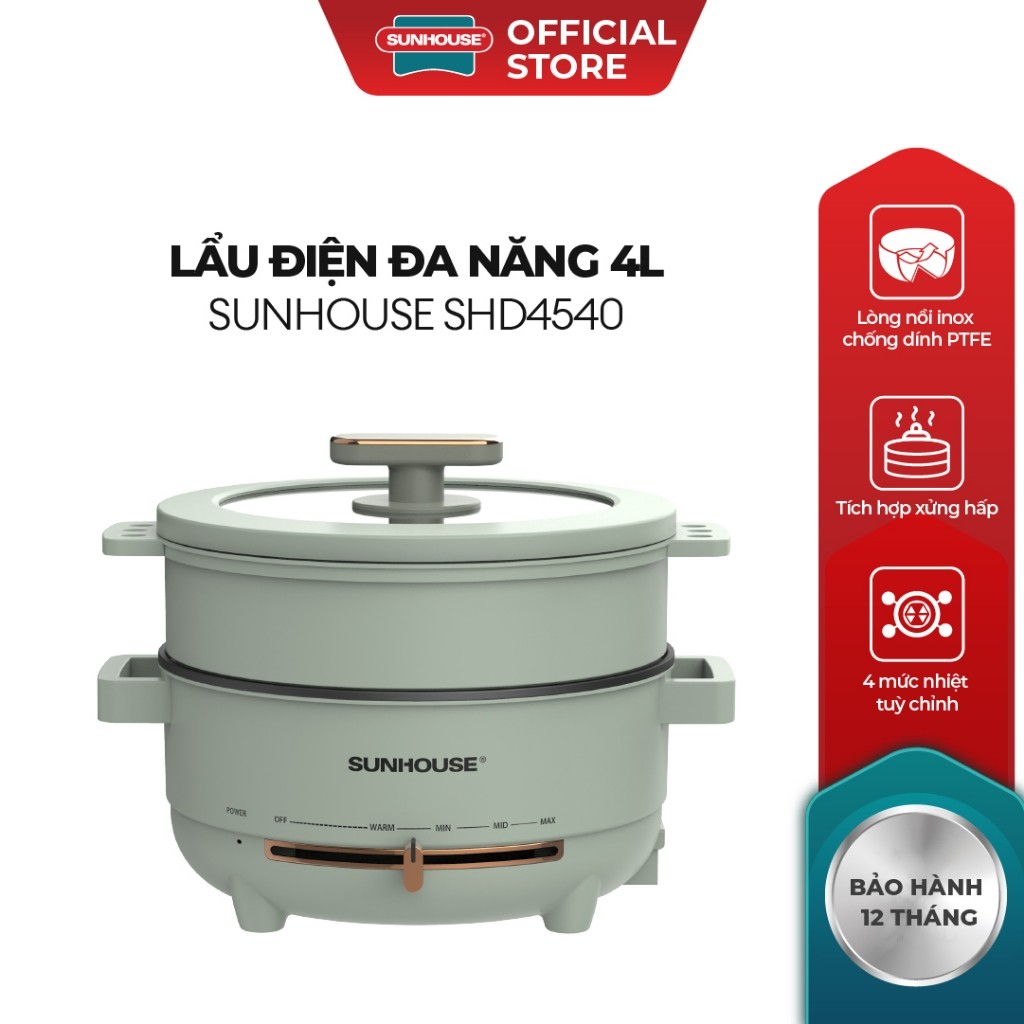 Nồi lẩu điện đa năng 4L Sunhouse SHD4540 có xửng hấp - Gia nhiệt trực tiếp - Chống dính PTFE - HAPOS HEL SHD4540