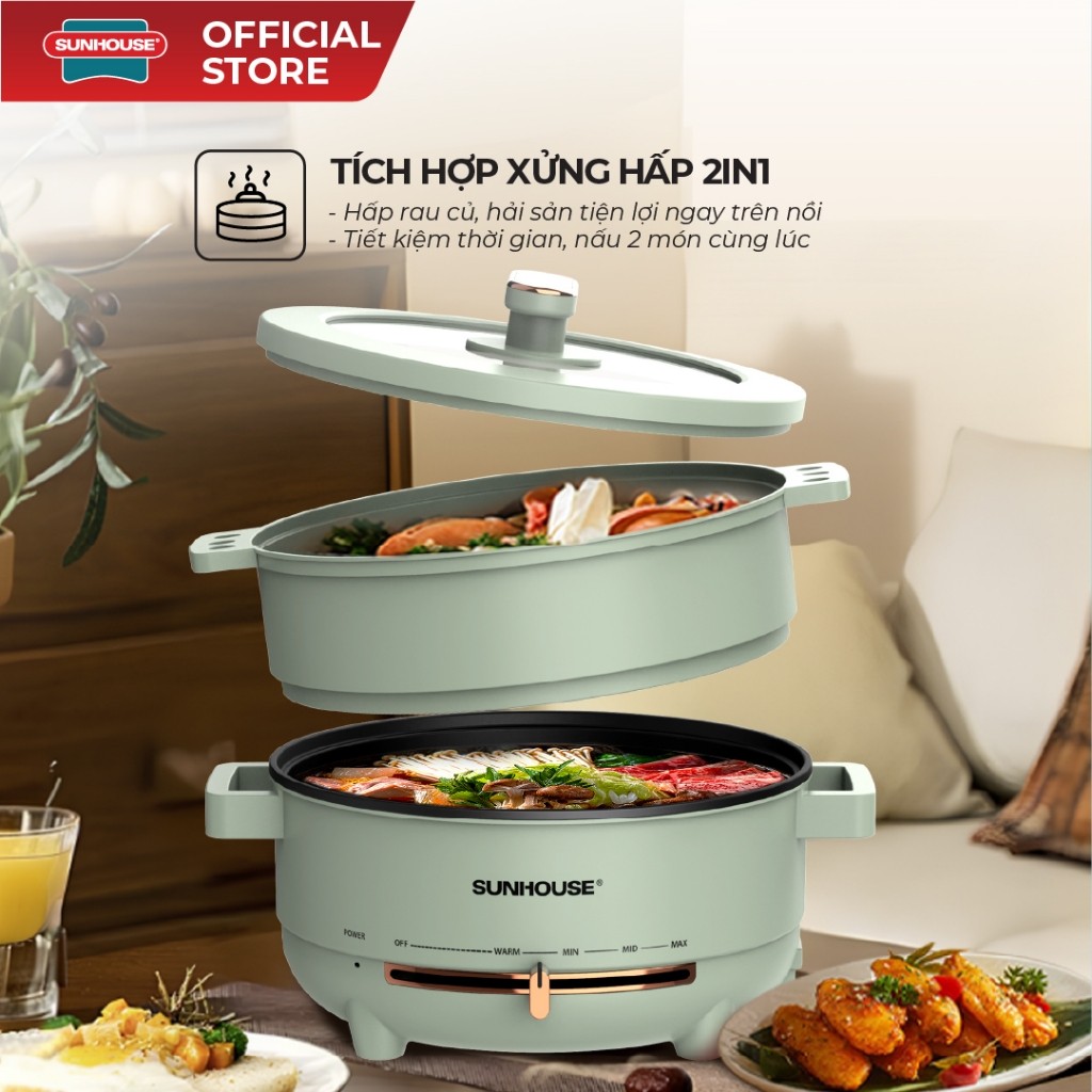 Nồi lẩu điện đa năng 4L Sunhouse SHD4540 có xửng hấp - Gia nhiệt trực tiếp - Chống dính PTFE - HAPOS HEL SHD4540