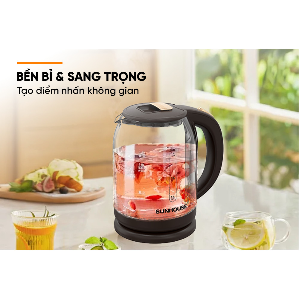 Ấm siêu tốc thủy tinh 1.8L Sunhouse SHD1212 - 1500W - Thang đo mực nước tiện lợi - Tự ngắt khi quá nhiệt - HAPOS HEL SHD1212