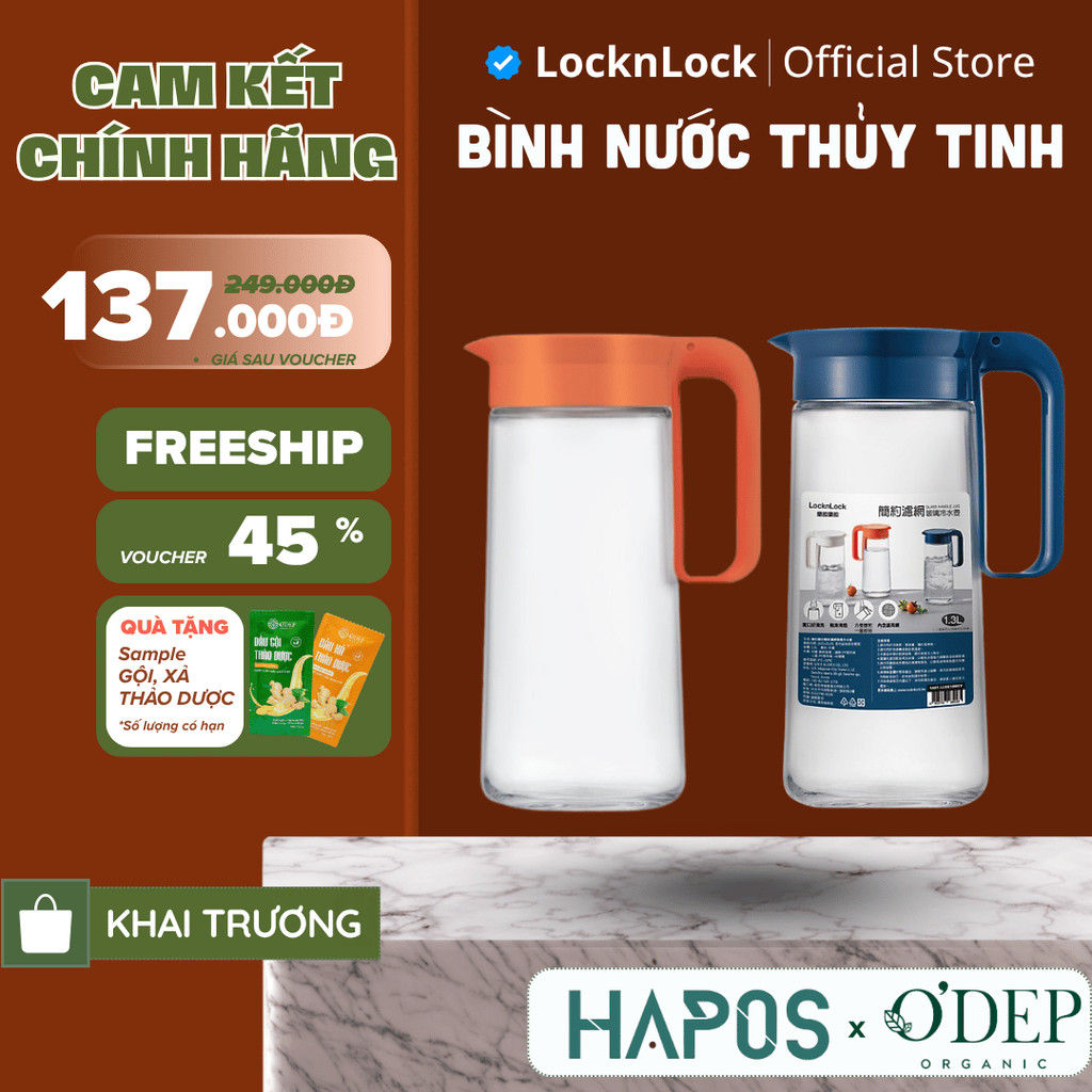 Bình nước thủy tinh LocknLock 1.3 Lít có quai cầm LLG619 - HAPOS LOF LLG619YRED - Màu cam
