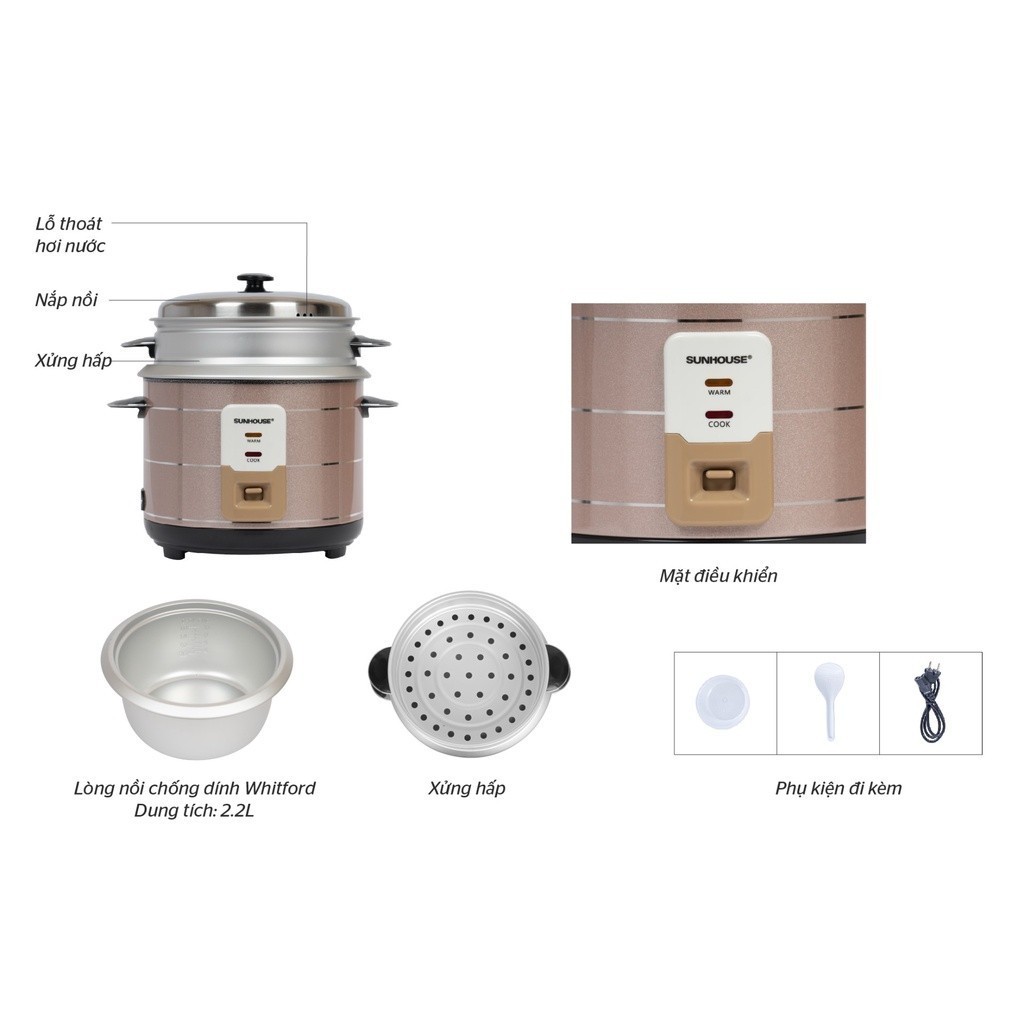 Nồi cơm điện nắp rời Sunhouse SHD8135, 900W,  2.2 Lít - HAPOS HEL SHD8135