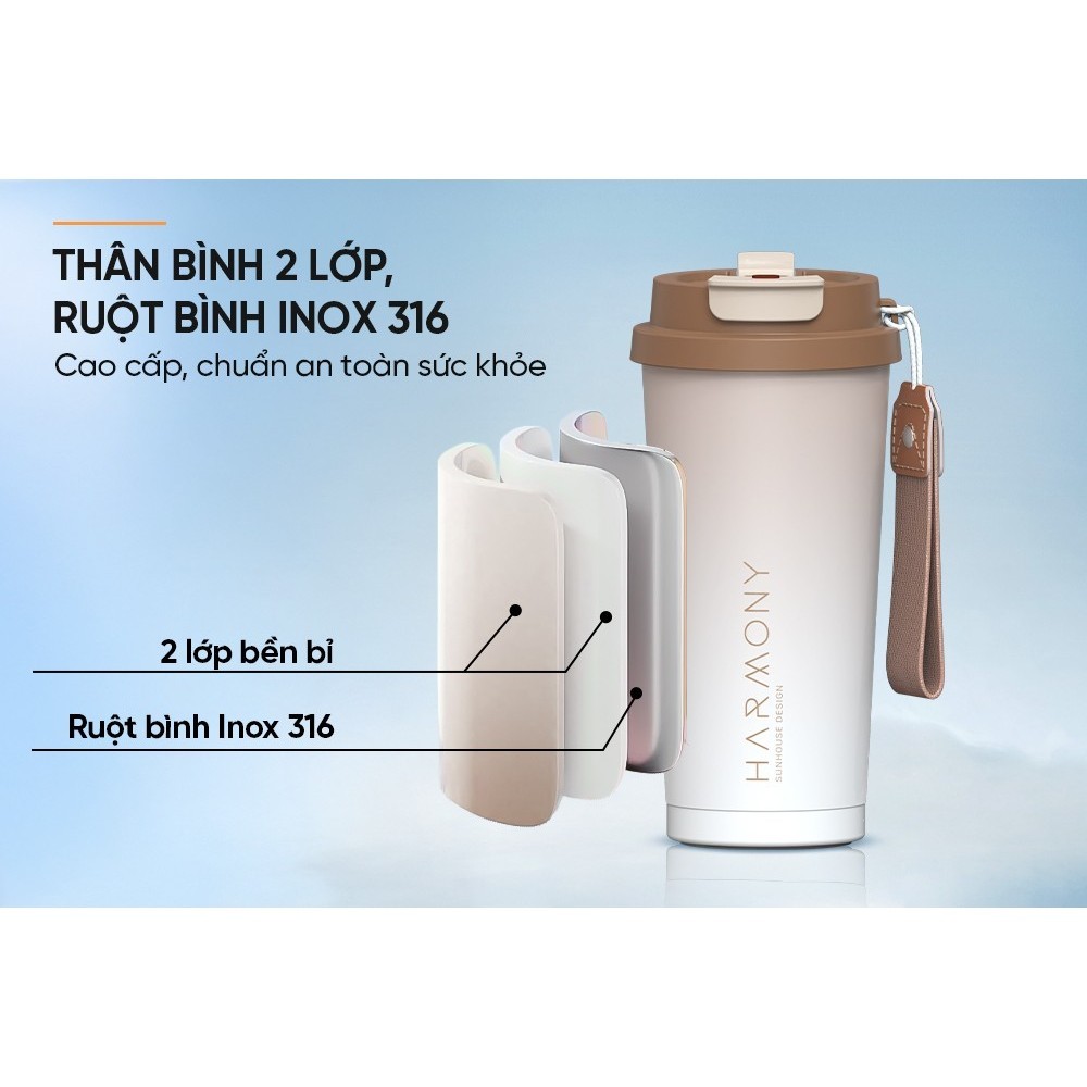 Cốc giữ nhiệt 500ml Sunhouse KS-TU500HB - Inox 316 - Giữ nhiệt nóng & lạnh tới 6 giờ - Vòi uống 2 chế độ - HAPOS HEL KS-TU500HB - Nâu
