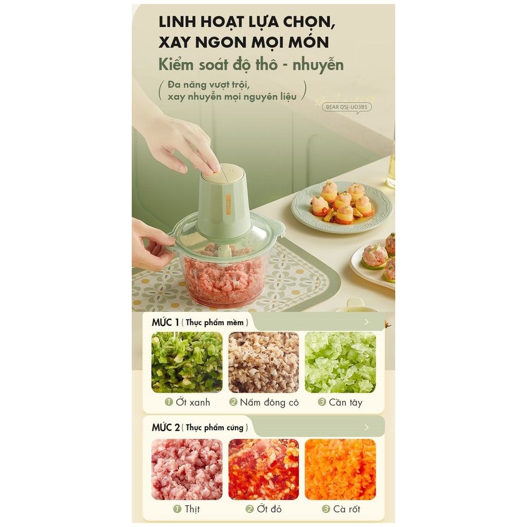 Máy xay thực phẩm đa năng Bear QSJ-U03B5 - Dung tích 2L, 2 mức độ xay - HAPOS HOF