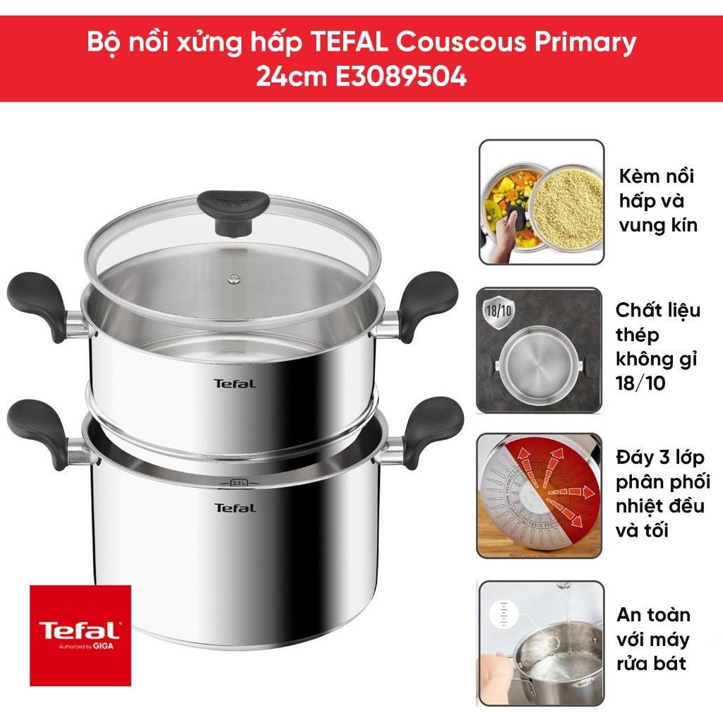 Nồi hấp Inox 18/10 Tefal Couscous Primary E3089504 24cm - Thép không gỉ - Đế 3 lớp - Bảo Hành 24 Tháng - HAPOS HOF