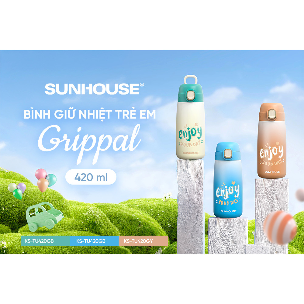 BÌnh giữ nhiệt trẻ em GripPal 420ml Sunhouse KS-TU420GB - Inox 304 an toàn - Giữ nhiệt 8-10h - HAPOS HEL KS-TU420GB
