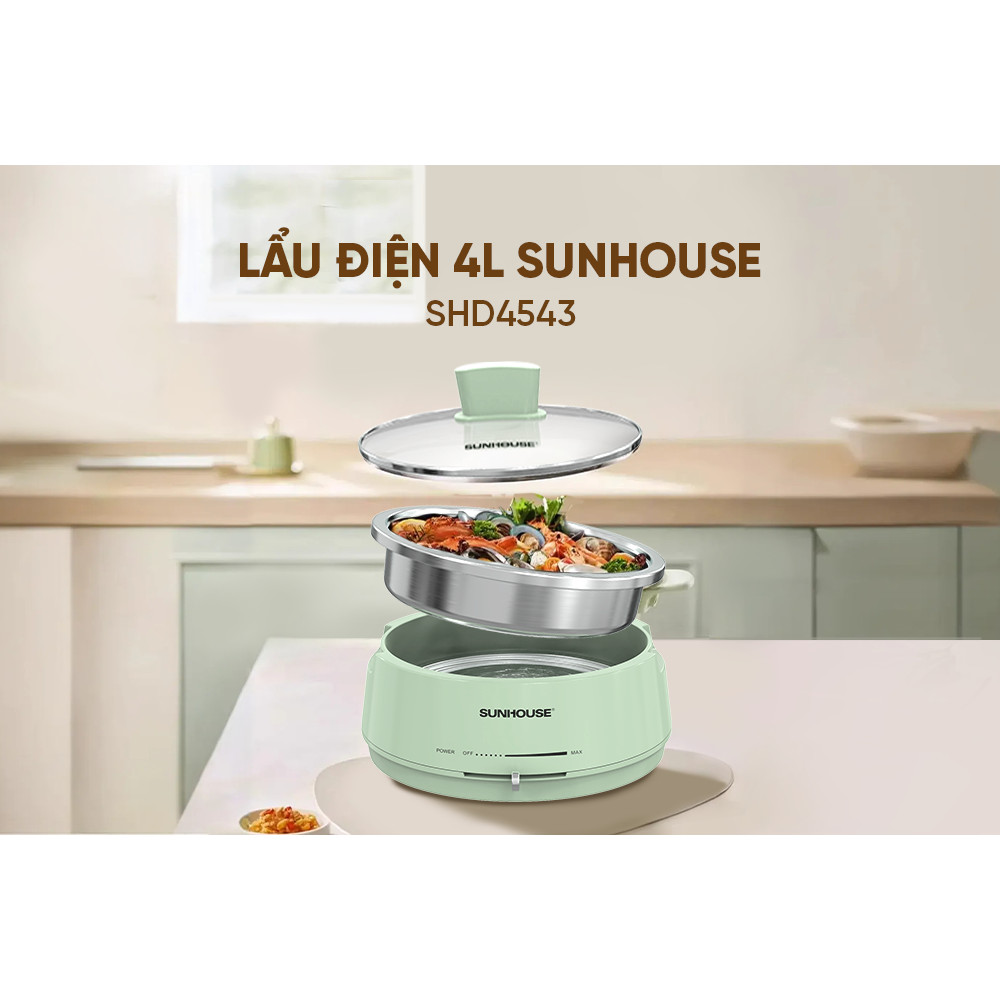Nồi lẩu điện 4L Sunhouse SHD4543 - 1300W, 2 mức nhiệt - Inox 304 cao cấp - Tự ngắt khi quá tải - HAPOS HOF