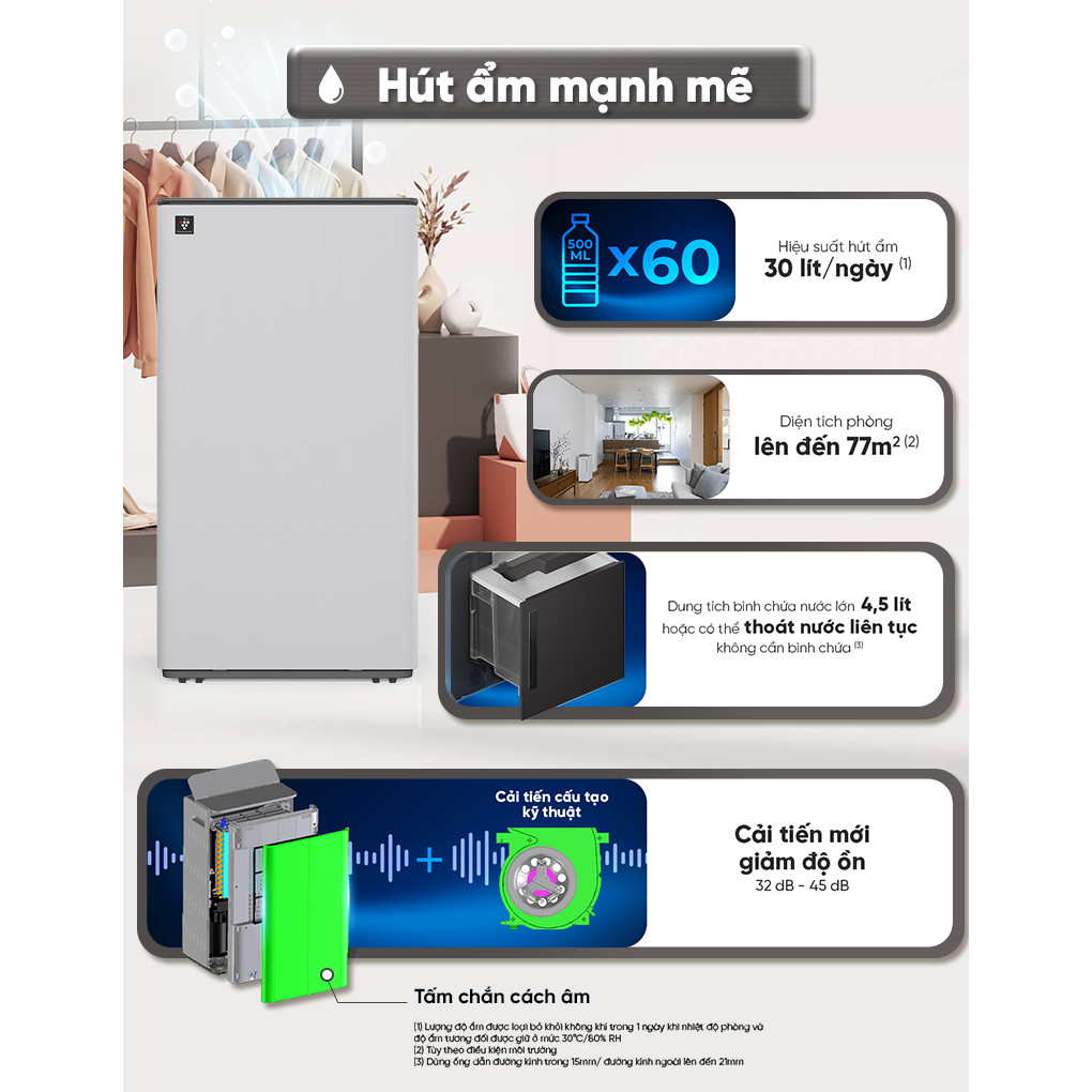 Máy lọc không khí Sharp hút ẩm tạo Plasmacluster ION DW-T30HV-W - Hàng chính hãng - HAPOS HEL DW-T30HV-W