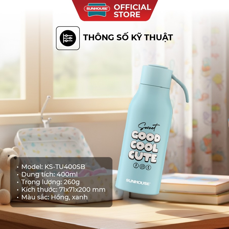 BÌnh giữ nhiệt school 400ml Sunhouse KS-TU400SB/ KS-TU400SP - Inox 304 - Giữ nhiệt lên đến 10h - HAPOS HEL KS-TU400SP - Hồng