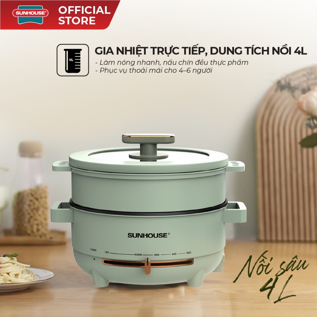 Nồi lẩu điện đa năng 4L Sunhouse SHD4540 có xửng hấp - Gia nhiệt trực tiếp - Chống dính PTFE - HAPOS HEL SHD4540