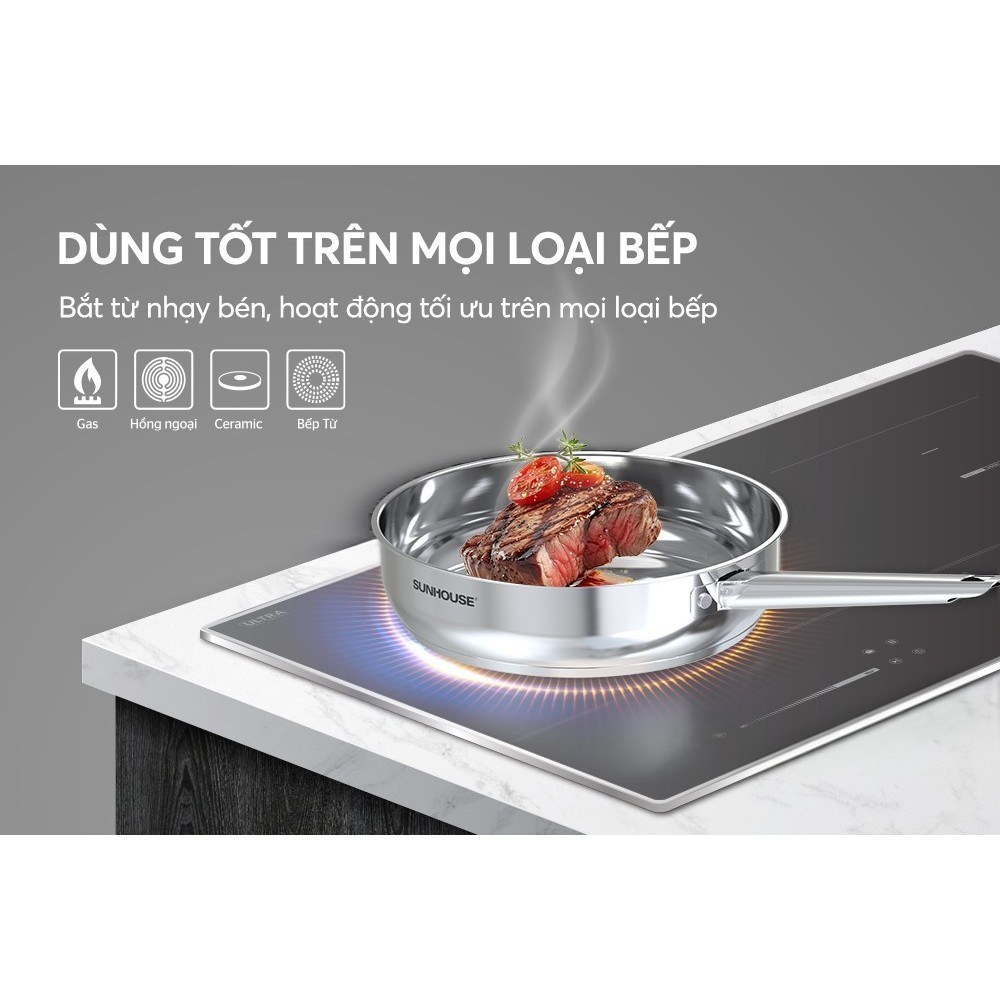 Chảo Inox đa lớp liền khối Sunhouse 16cm - 28cm đáy từ dùng mọi loại bếp Healthy IN16M9 - IN28M9 - HAPOS HOF