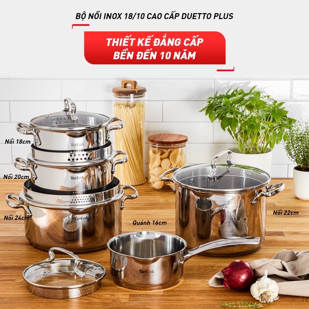 Bộ 5 nồi Inox cao cấp Tefal Duetto Plus G719SA55 (quánh 16cm, nồi hầm 18/20/24cm, luộc gà 22cm) G719SA74 - HAPOS HOF