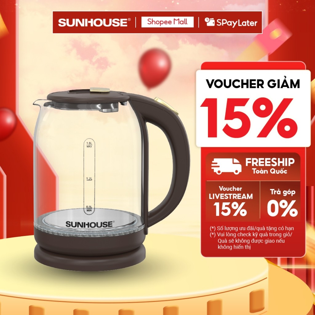 Ấm siêu tốc thủy tinh 1.8L Sunhouse SHD1212 - 1500W - Thang đo mực nước tiện lợi - Tự ngắt khi quá nhiệt - HAPOS HEL SHD1212