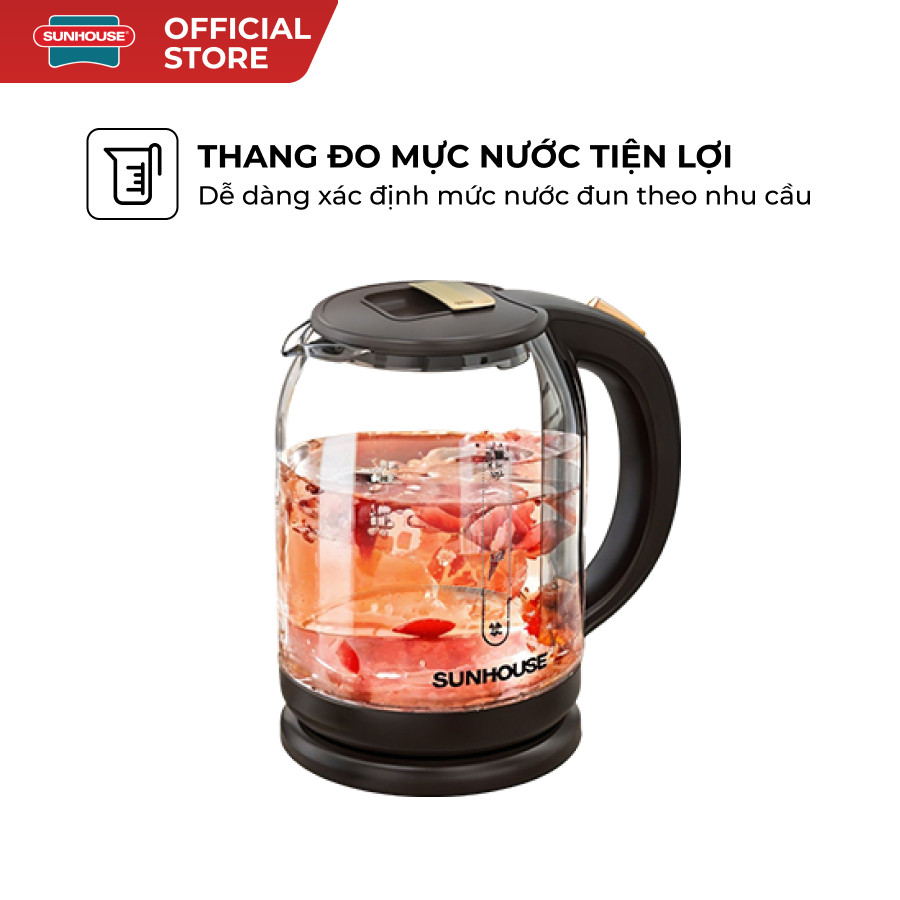 Ấm siêu tốc thủy tinh 1.8L Sunhouse SHD1212 - 1500W - Thang đo mực nước tiện lợi - Tự ngắt khi quá nhiệt - HAPOS HEL SHD1212