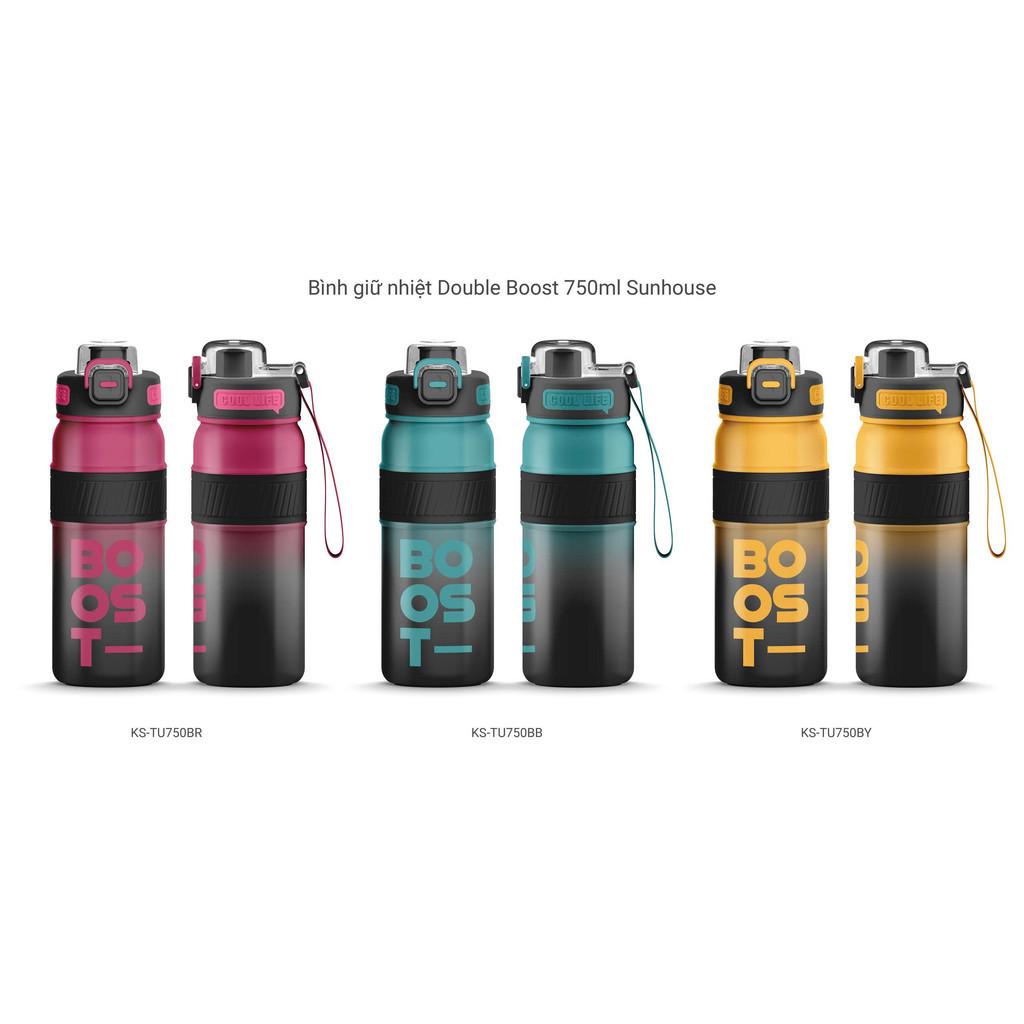 Bình giữ nhiệt Double Boost 750ml Sunhouse KS-TU750BR /KS-TU750BB/KS-TU750BY, inox cao cấp, núm nhựa ABS - HAPOS HEL KS-TU750BY