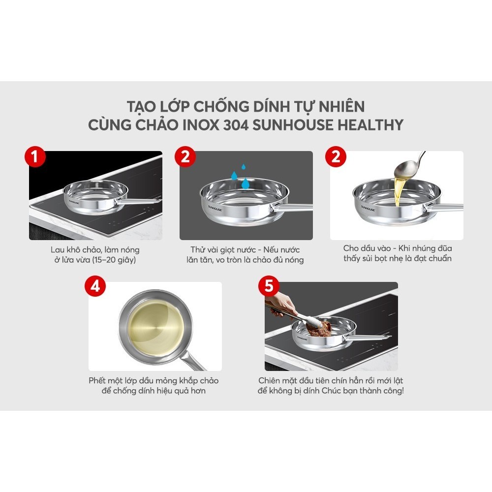 Chảo Inox đa lớp liền khối Sunhouse 16cm - 28cm đáy từ dùng mọi loại bếp Healthy IN16M9 - IN28M9 - HAPOS HOF