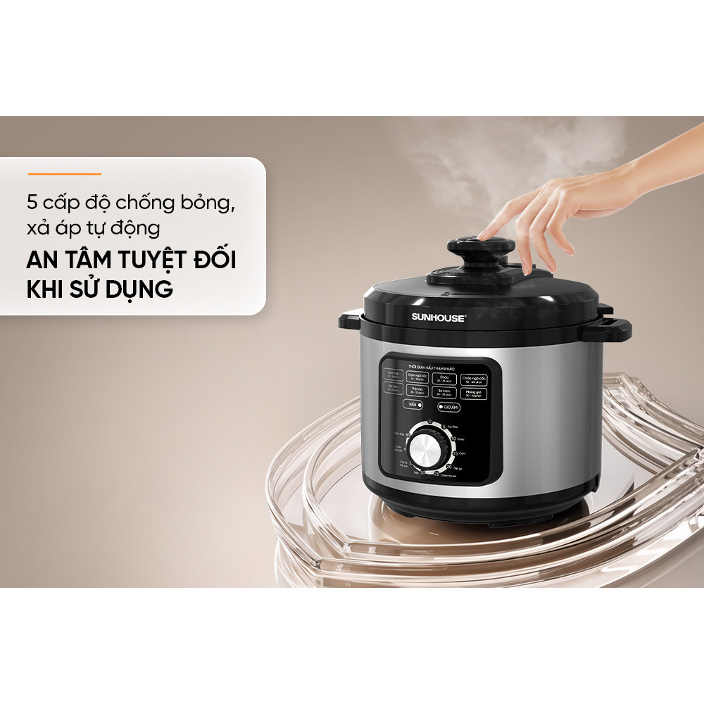Nồi áp suất điện đa năng 5L Sunhouse SHD1551 900W, 5 cấp độ chống bỏng, Lòng nồi 5 lớp phủ chống dính PTFE - HAPOS HOF