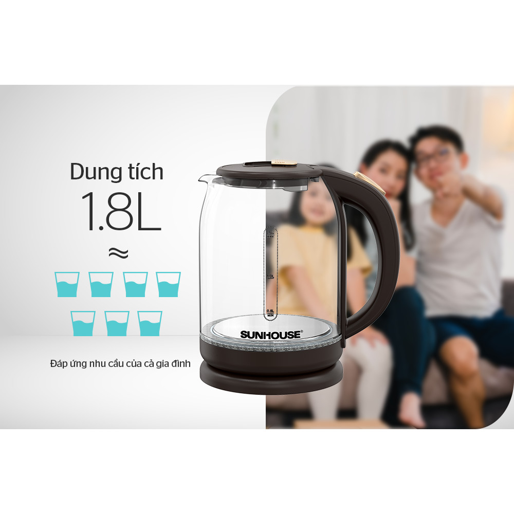 Ấm siêu tốc thủy tinh 1.8L Sunhouse SHD1212 - 1500W - Thang đo mực nước tiện lợi - Tự ngắt khi quá nhiệt - HAPOS HEL SHD1212