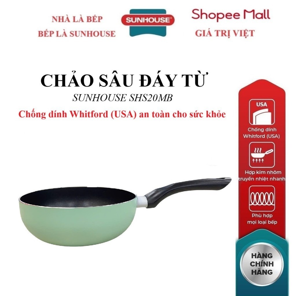 Chảo sâu đáy từ Sunhouse SHS20MB màu xanh, đáy từ, Chống dính Whitford (USA) an toàn cho sức khỏe - HAPOS HEL SHS20MB