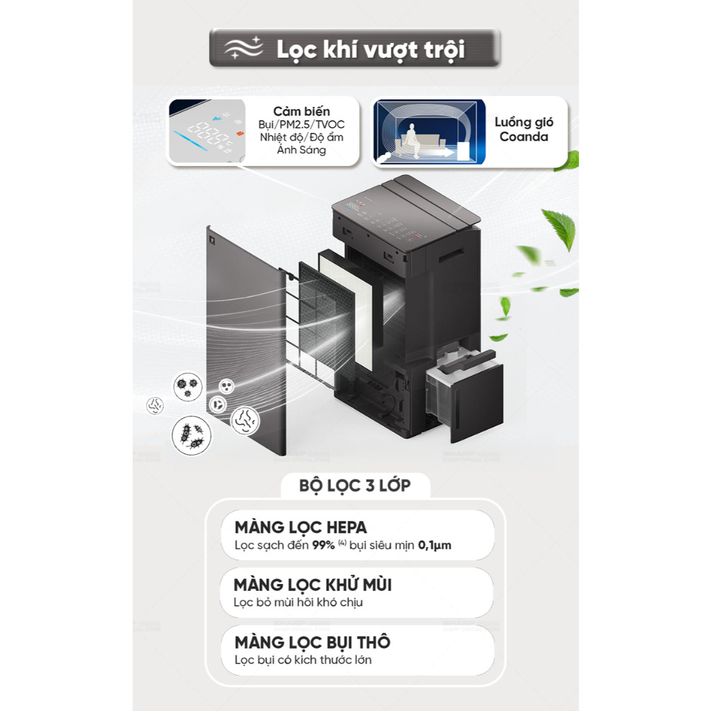 Máy lọc không khí Sharp  37m2 và hút ẩm tạo Plasmacluster ION DW-T30FV-H/W - Hàng chính hãng  - HAPOS HEL DW-T30FV-W