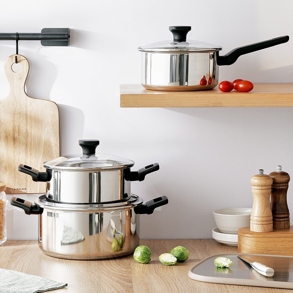 Nồi, chảo Inox 304 đáy từ LocknLock đa lớp Daily STS PPW, kèm nắp kính, tay cầm chịu nhiệt CSC2423IH - HAPOS LOF CSF2623IH-Chảo 26cm