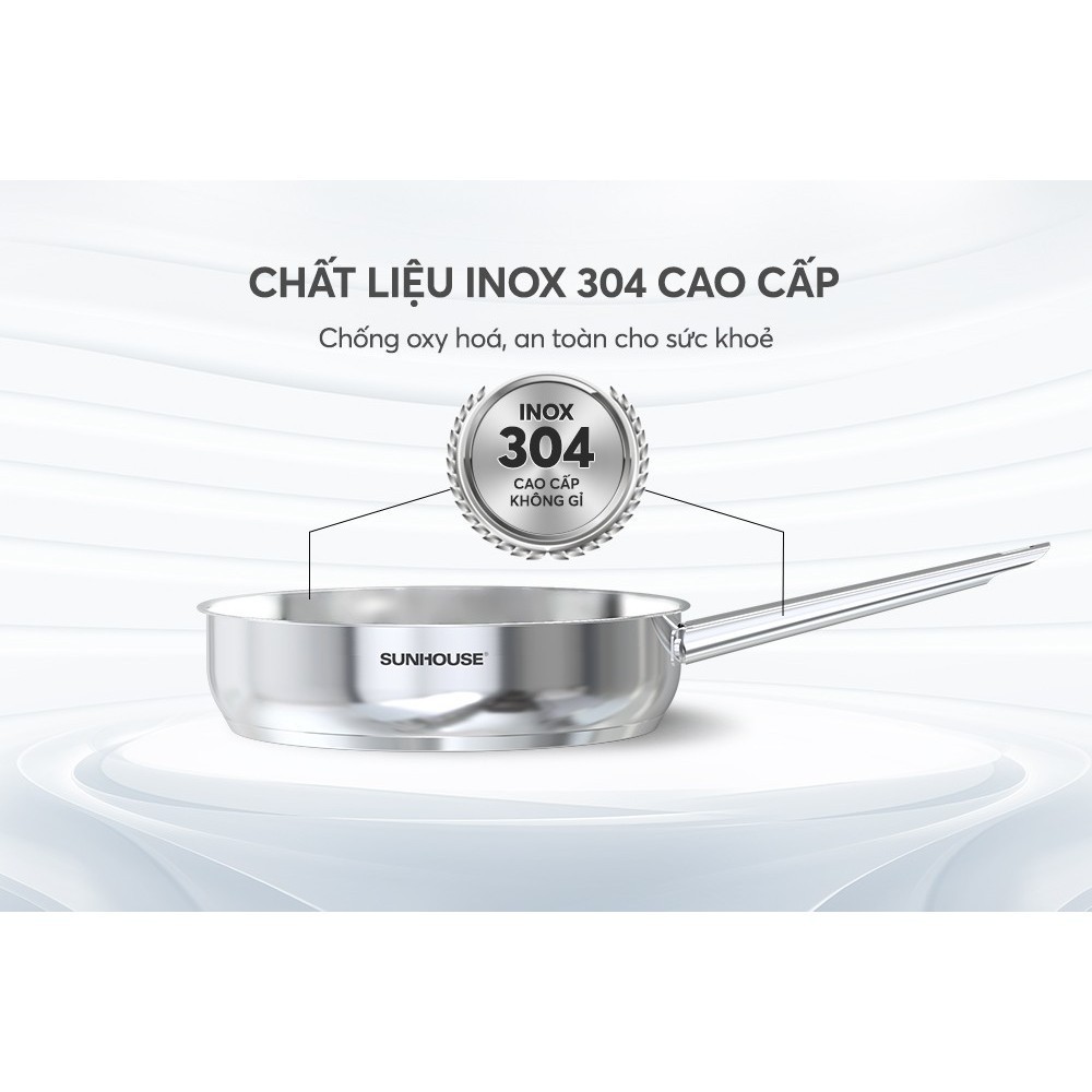 Chảo Inox đa lớp liền khối Sunhouse 16cm - 28cm đáy từ dùng mọi loại bếp Healthy IN16M9 - IN28M9 - HAPOS HOF