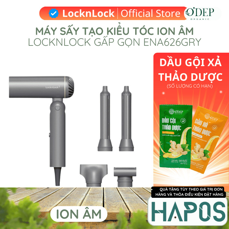 Máy sấy tạo kiểu tóc gấp gọn LocknLock ion âm bảo vệ tóc Foldable Hair Styling Dryer ENA626GRY Màu Xám - HAPOS LOF