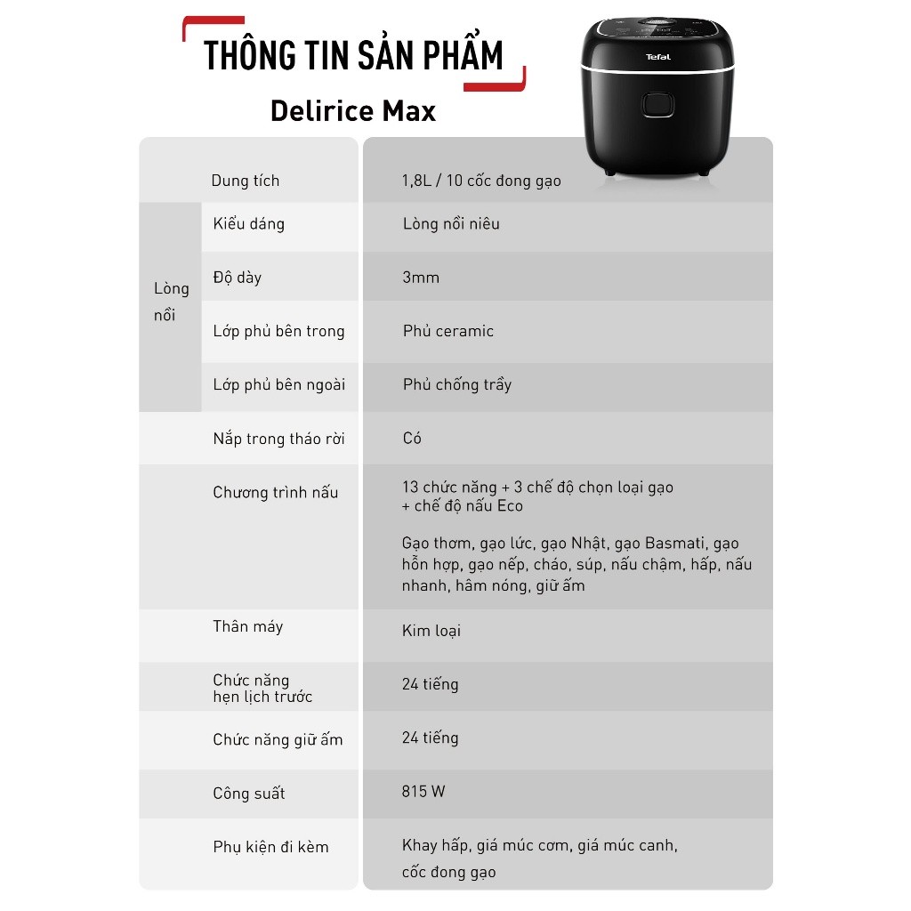 Nồi cơm điện tử Tefal Delirice Max RK7778Y0 - 815W - 1.8L - BH chính hãng 24 tháng - HAPOS HEL