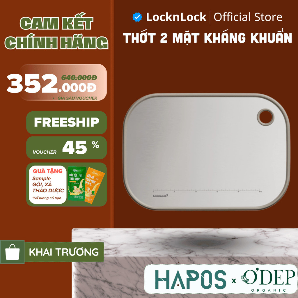 Thớt hai mặt LocknLock Double sided board inox 304, nhựa PP kháng khuẩn CKD096IVY kích thước 40x28x1.2 (cm) - HAPOS LOF