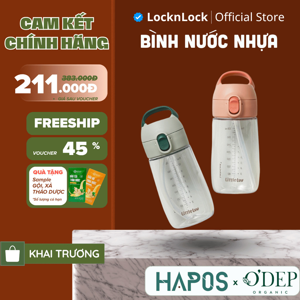 Bình nước nhựa LocknLock Little Luv Switch cap tritan straw cup HAP918 có ống hút dung tích 410ml - 2 Màu - HAPOS LOF