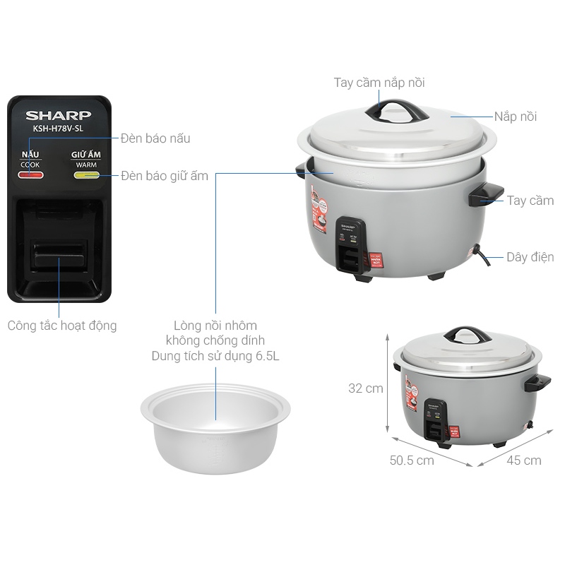 Nồi cơm điện công nghiệp Sharp KSH-H65V-SL (6,5 lít) - KSH-H78V-SL (7,8 lít) - KSH-H90V-SL (9 lít) - HAPOS HSA 9,0 lít - H90V