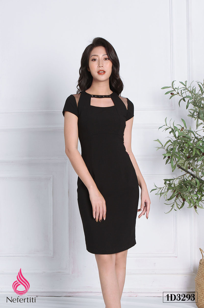 1D3293 - ĐẦM ĐEN CỔ ĐAN DÂY CÁCH ĐIỆU