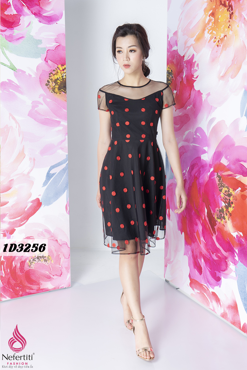 1D3256 - ĐẦM XÒE HỌA TIẾT CHẤM BI TRẺ TRUNG