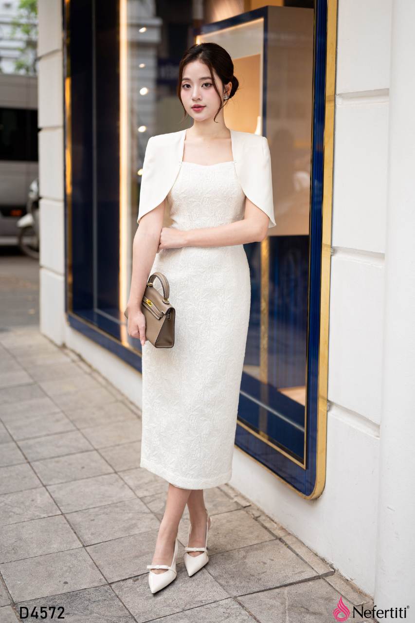 3D4572 - Đầm Tiệc Trắng Khoác Vai