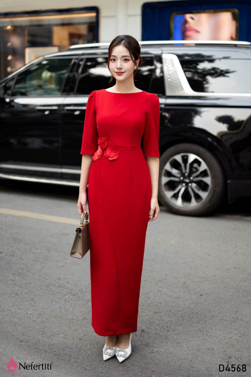 3D4568 - Đầm Đỏ Body Hoa 3D Nổi Bật