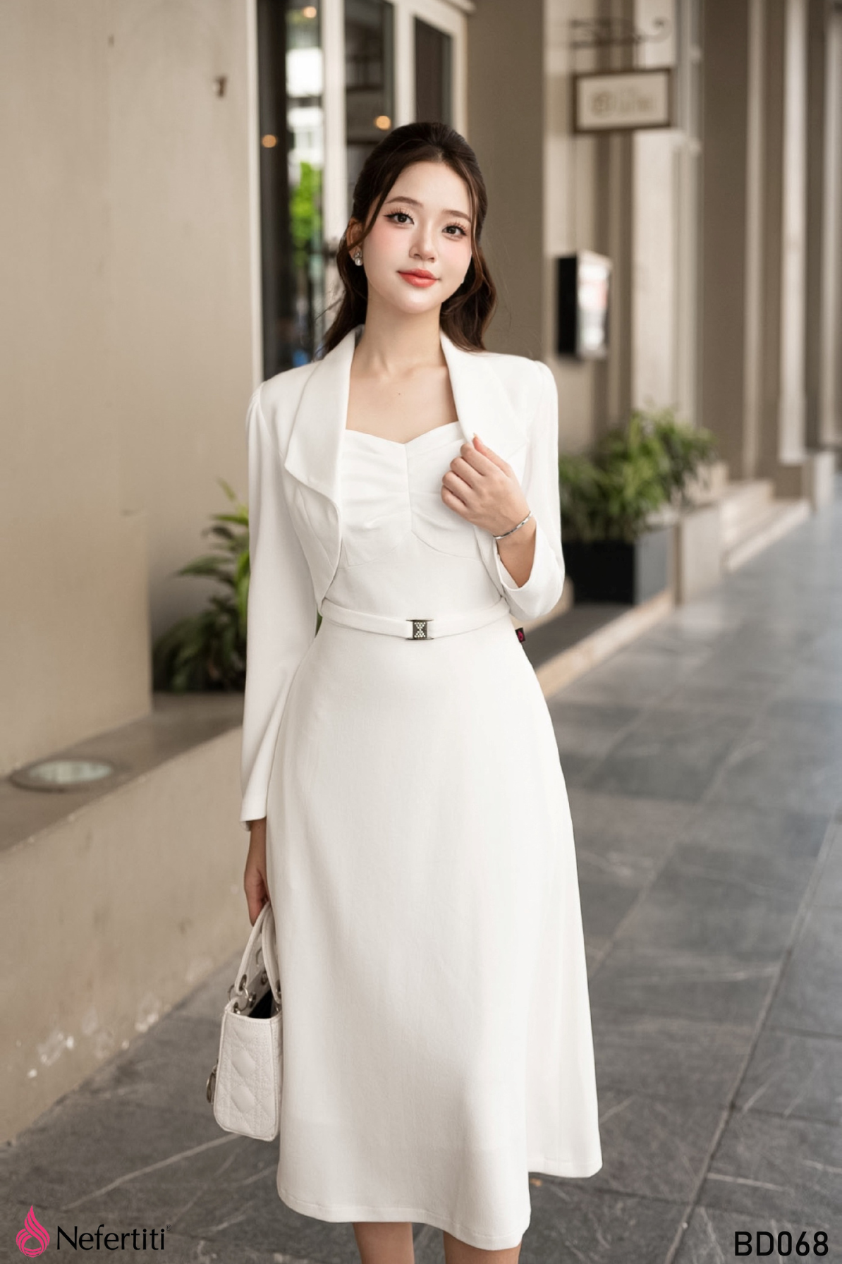 3BD068 - SÉT ĐẦM TRẮNG DÁNG XÒE + ÁO KHOÁC LỬNG TRẺ TRUNG