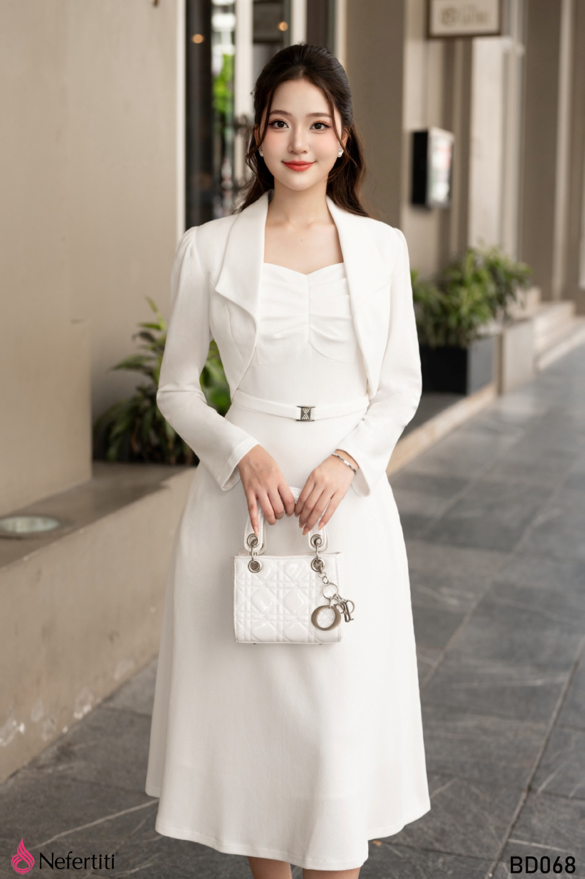 3BD068 - SÉT ĐẦM TRẮNG DÁNG XÒE + ÁO KHOÁC LỬNG TRẺ TRUNG