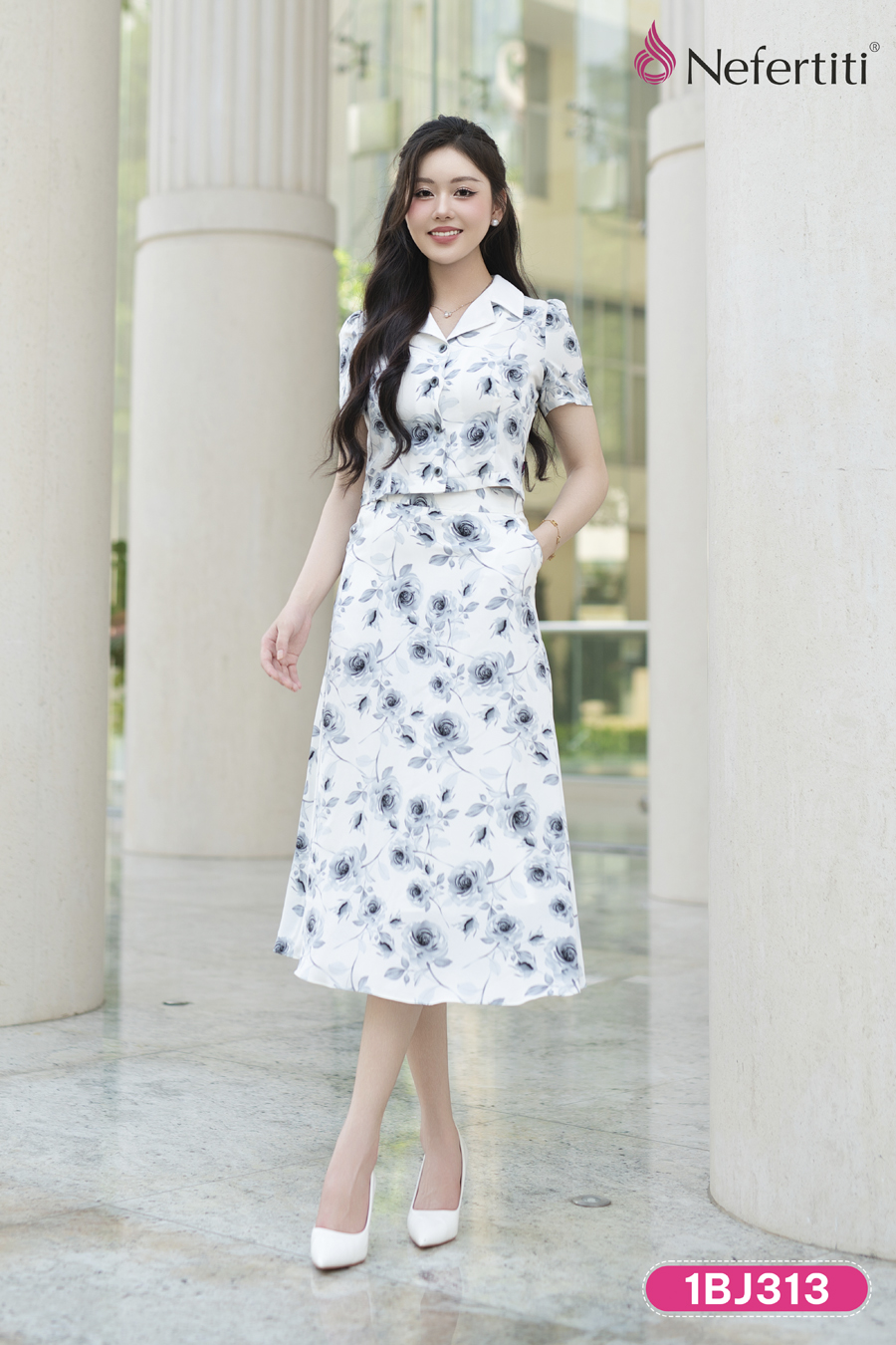 1BJ313 - Bộ lụa công sở hoa hồng