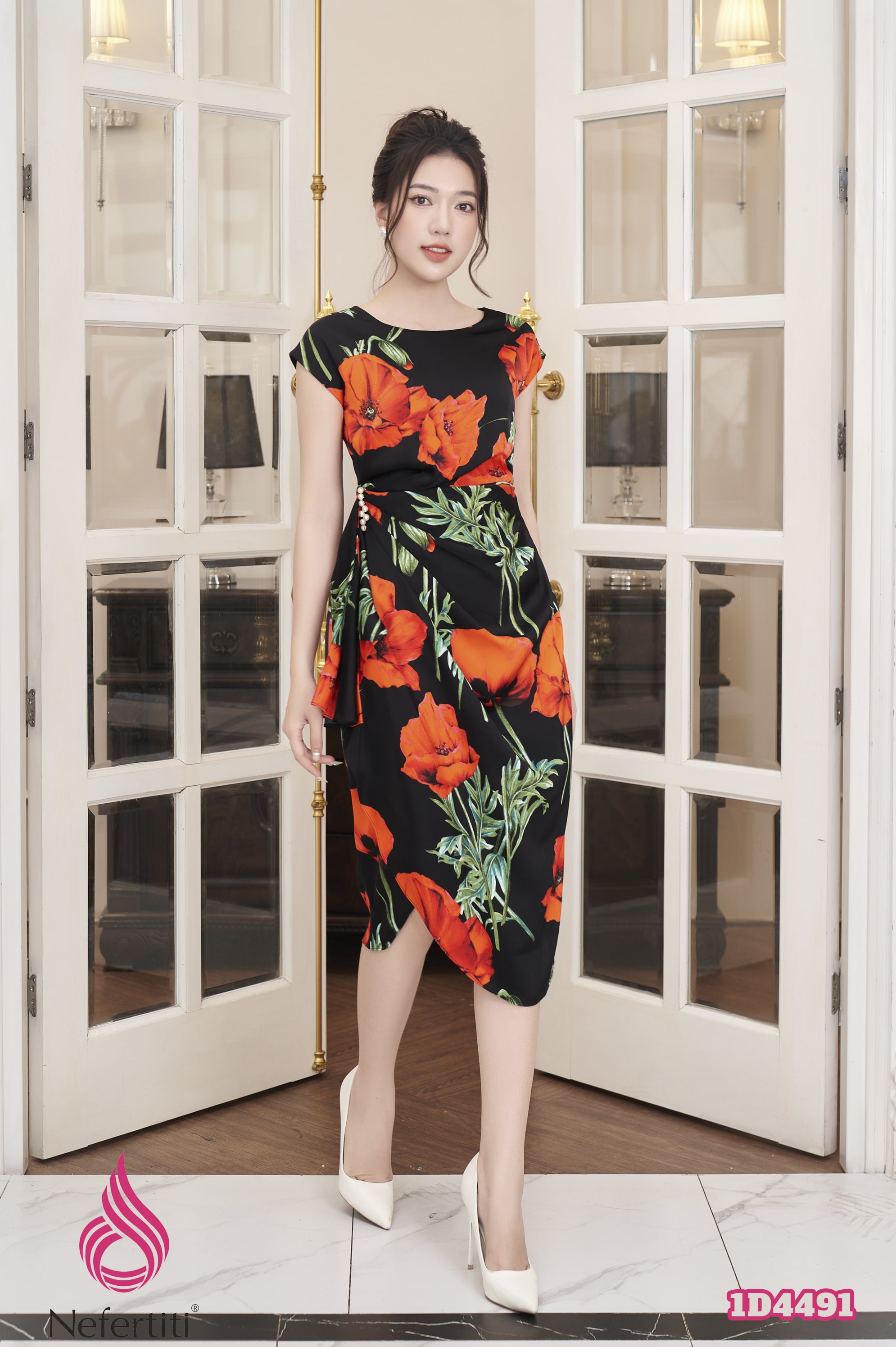 1D4491 - Đầm lụa Nhật lạnh hoa đỏ